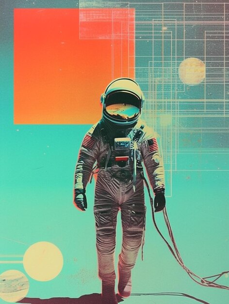 Foto poster retro dell'astronauta e del pianeta