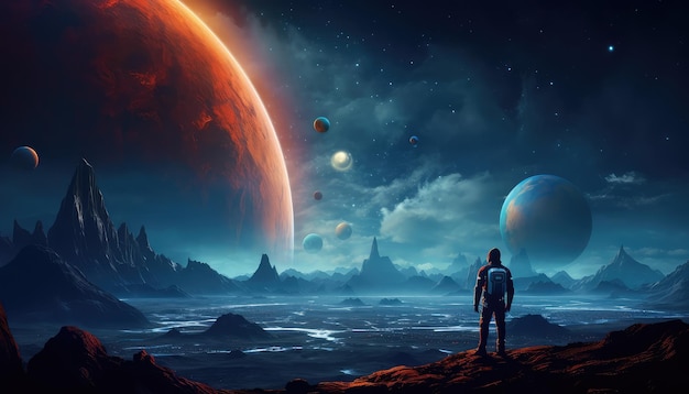 Astronaut on planet surface Fantasy landscape