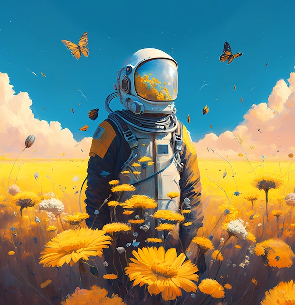 Foto astronauta sul pianeta con diversi fiori e farfalle illustrazione generata in ai