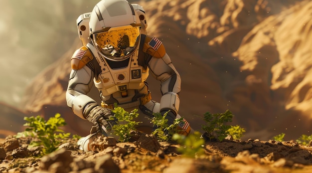 Astronaut plant een plant op een andere planeet. Ruimte-exploratieconcept.