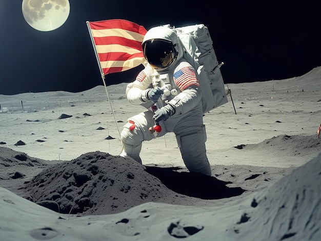 astronaut planting Japan flag on the moon