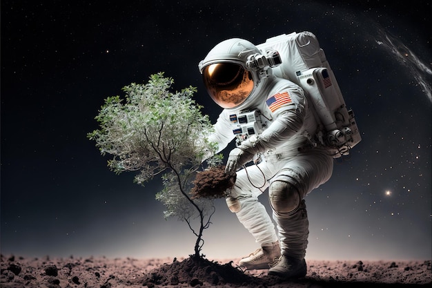 Astronaut planting a tree on alien planet Generative AI