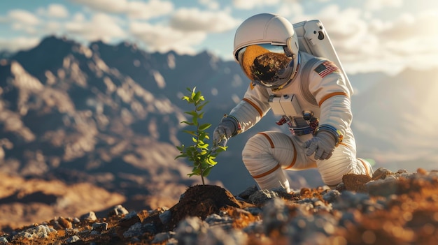 Photo an astronaut planting trees on an alien planet