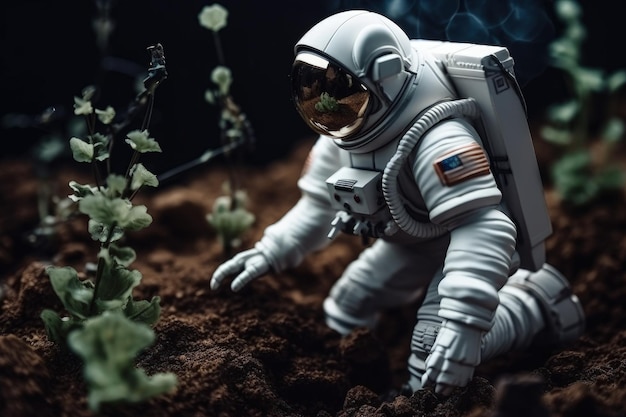 土に木を植える宇宙飛行士 異星で植物を収穫する宇宙飛行士 土に木を植える宇宙服を着た宇宙飛行士 宇宙での植林プログラム ジェネレーティブAI