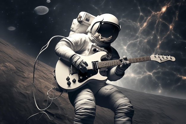 An astronaut playing a guitar on a planet