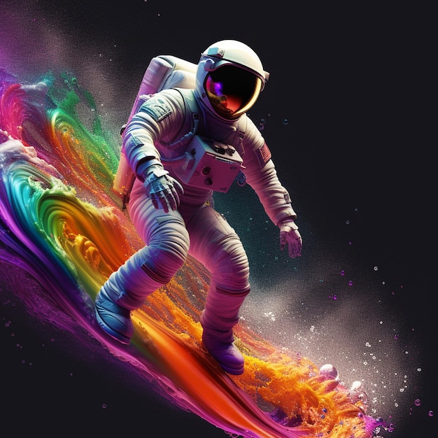 Astronaut playing on the rainbow in the space background