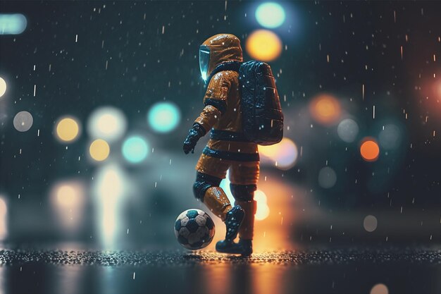 Astronaut playing soccer in rainy night Tilt shift defocused photorealistic astronaut