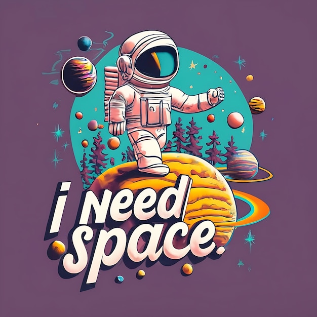 Photo astronaut pushing away planets to make room on the tshirt with text i need more space conceptual