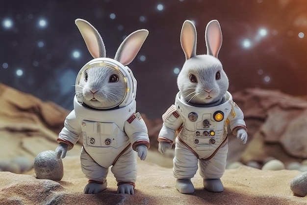 외계 세계를 탐험하고 코스모스 일러스트레이션 생성 ai의 비밀을 발견하는 천체 사이를 뛰어다니는 우주 비행사 토끼