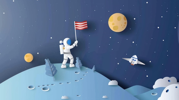 astronaut raising flag on moon with spacecraft paper art style