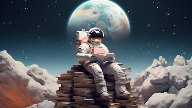 Foto astronauta che legge un libro nello spazio uomo spaziale e il pianeta esplora lo spazio