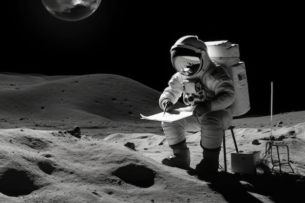 Foto un astronauta legge un libro sulla luna ia generativa