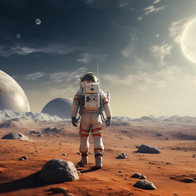 Astronaut in a red desert landscape with two moons in the sky