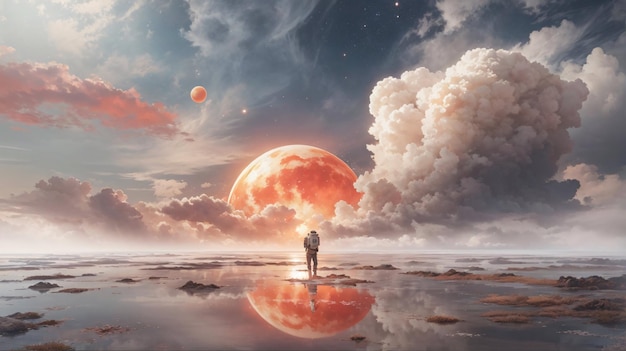 Astronaut of red moon planet mars with clouds atmosphere landscape background