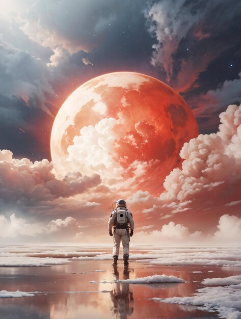 Astronaut of red moon planet mars with clouds atmosphere landscape background