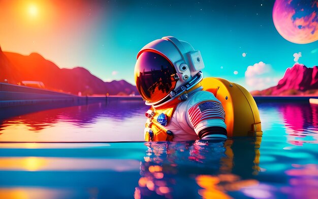 Astronaut Relaxing on Pool Float in Tranquil Swimming Pool