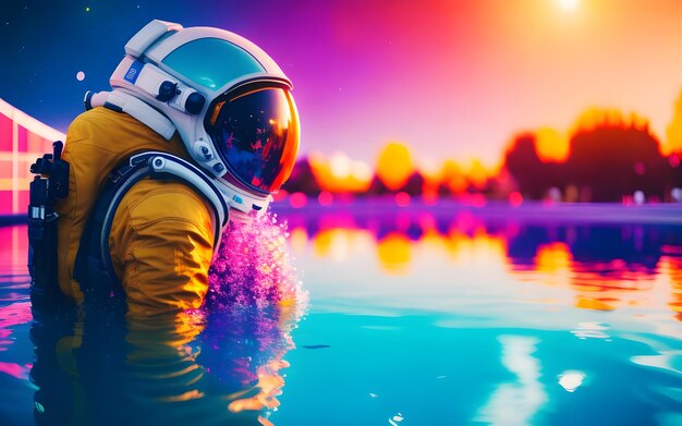 Photo astronaut relaxing on pool float in tranquil swimming pool