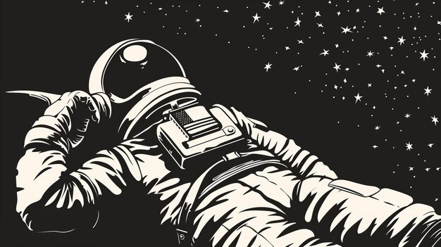 Foto un astronauta che si rilassa nello spazio in bianco e nero illustrazione moderna in bianca e nera