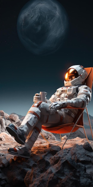 astronaut resting on mars in a beach chair