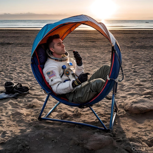 An astronaut resting on mars in a beach chair