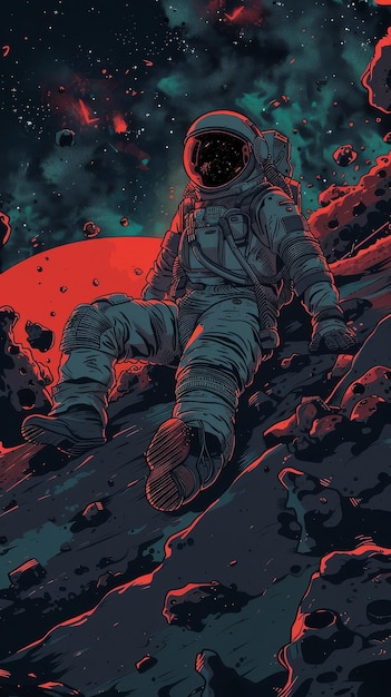 岩の表面で休む宇宙飛行士