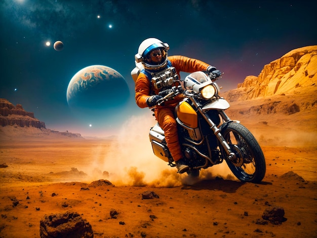 An astronaut rides a motorcycle on a dusty rocky alien landscape with a large planet looming