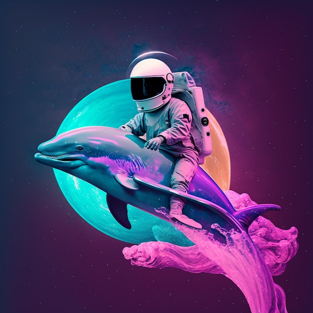Фото Астронавт верхом на дельфине в космосе с полной луной на заднем плане генеративный ии