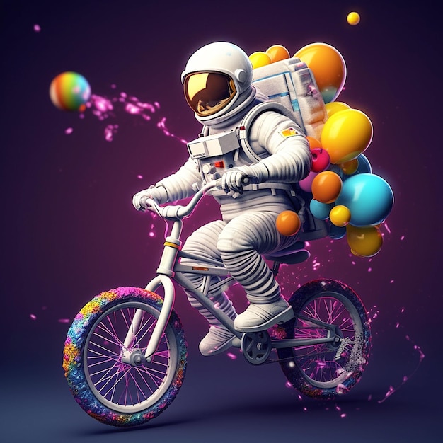 Astronaut riding bicycle bring color balloons in the space realistic illustration