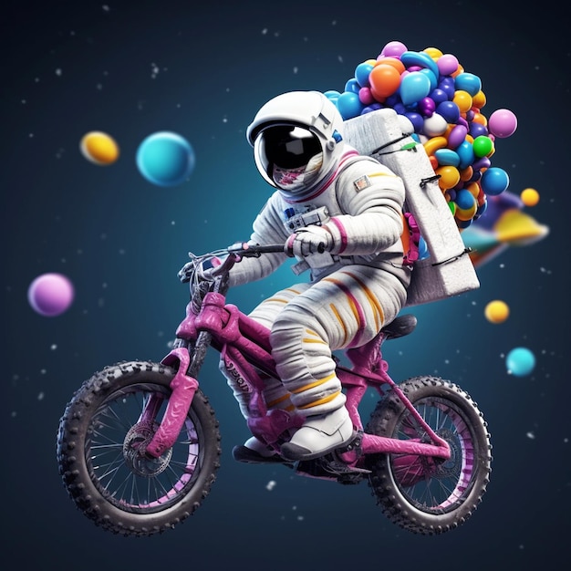 Astronaut riding bicycle bring color balloons in the space realistic illustration