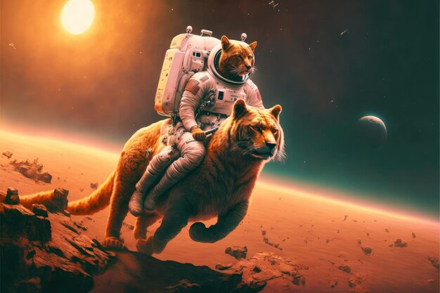 火星の風景に大きな猫に乗って宇宙飛行士外側にオレンジ色の光の概念