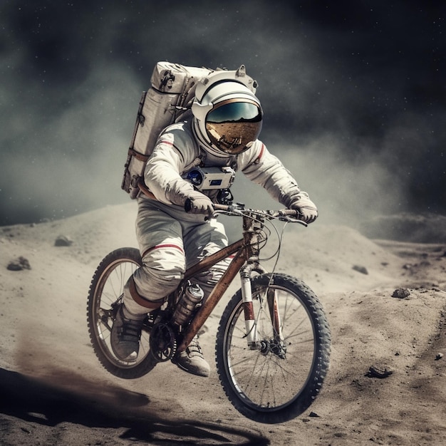 astronaut riding a bike on a dirt road in the desert generative ai