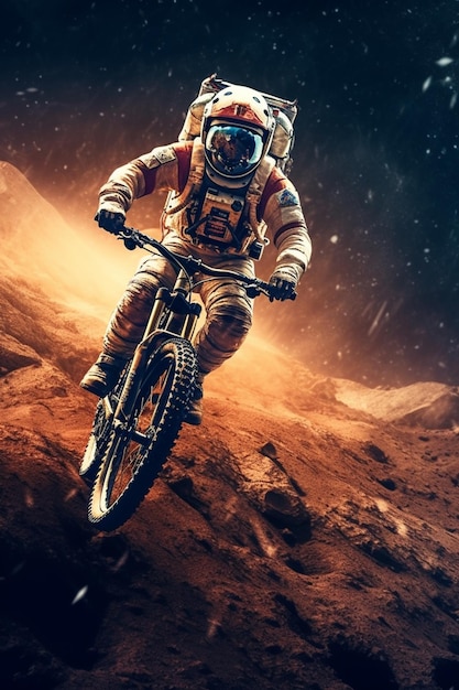 Astronaut riding a bike on a rocky surface in the desert generative ai