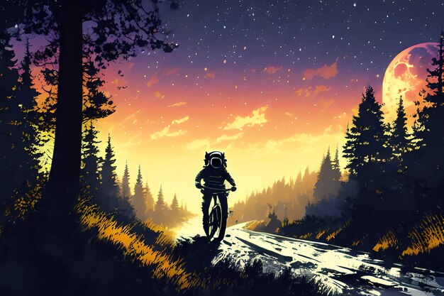 Astronaut riding bmx artwork with moon isolated light color design