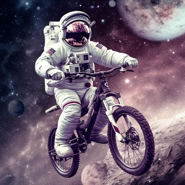 배경 생성 인공 지능에서 행성과 우주에서 먼지 자전거를 타는 우주 비행사