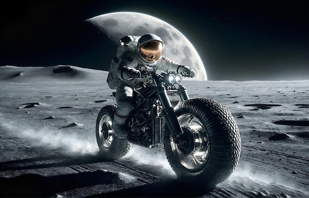 астронавт едет на мотоцикле на поверхности луны