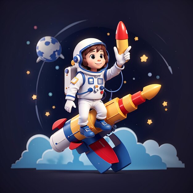 astronaut riding rocket in space with waving hand cartoon vector icon illustration science tech