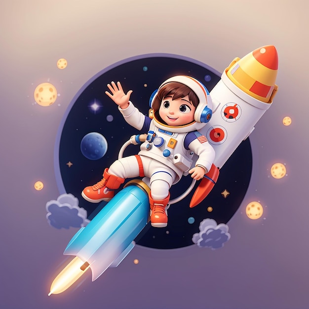 astronaut riding rocket in space with waving hand cartoon vector icon illustration science tech