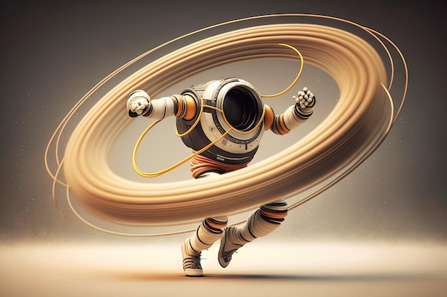 Робот-астронавт прыгает с кольцами Сатурна на веревке, иллюстрация, генеративный искусственный интеллект