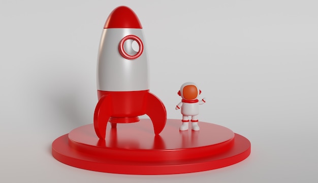 宇宙飛行士とロケットの3Dレンダリング