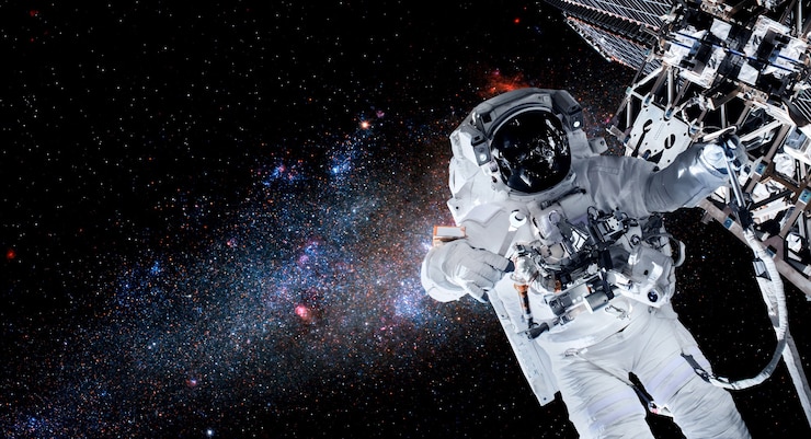 Foto astronaut-ruimtevaarder maakt ruimtewandeling terwijl hij voor het ruimtestation werkt
