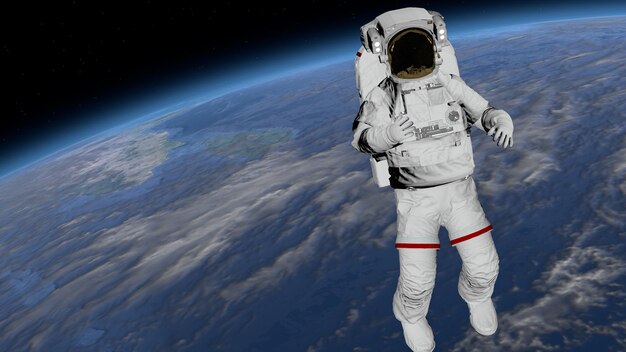 Astronaut ruimtewandeling astronaut toont duimen in de open ruimte 3d-rendering