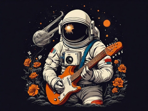 Astronaut run with guitar vector tshirt design