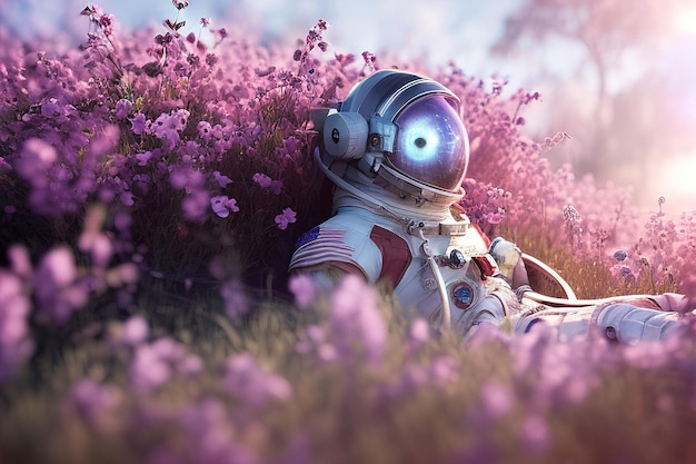 Astronaut rust op een buitenaardse planeet tussen roze bloemen