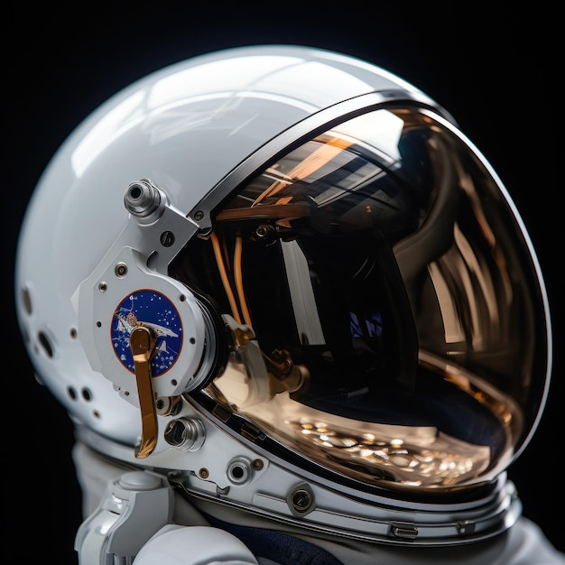 Photo astronaut's helmet visor reflecting the stars and planets