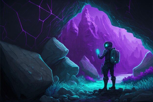 The astronaut in a scifi setting observing a design on the rock face of a cavern Fantasy concept Illustration painting Generative AI