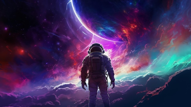 Astronaut in search of new planets in spaceneon