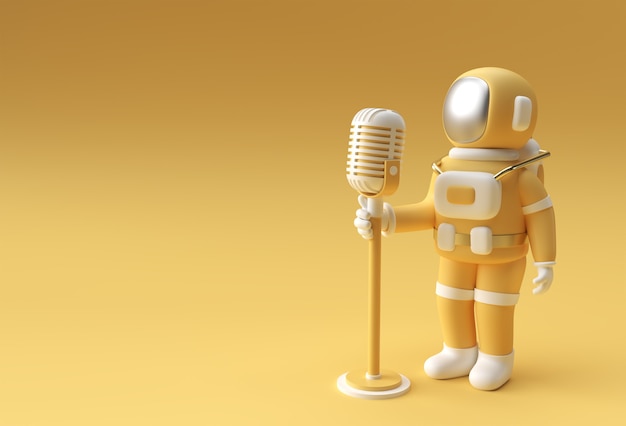 宇宙飛行士がビンテージマイクの3Dレンダリングデザインに向かって歌っています。
