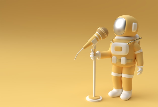 宇宙飛行士がビンテージマイクの3Dレンダリングデザインに向かって歌っています。