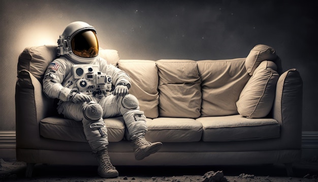Foto un astronauta siede su un divano con un controller in mano.