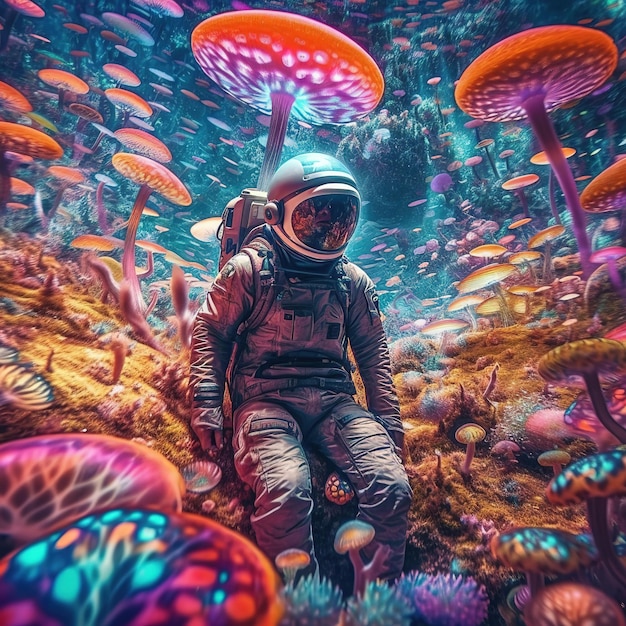 An astronaut sits in a giant mushroom forest with a space suit.